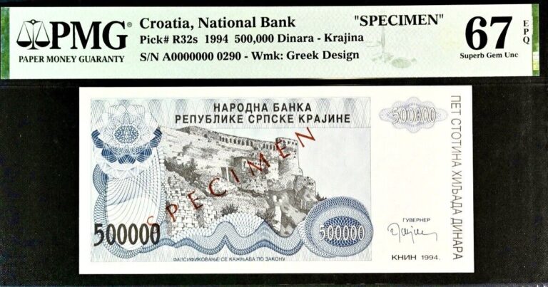 Read more about the article Croatia 500 000 Dinara- Krajina Pick# R32s Specimen PMG 67 Superb Gem Unc