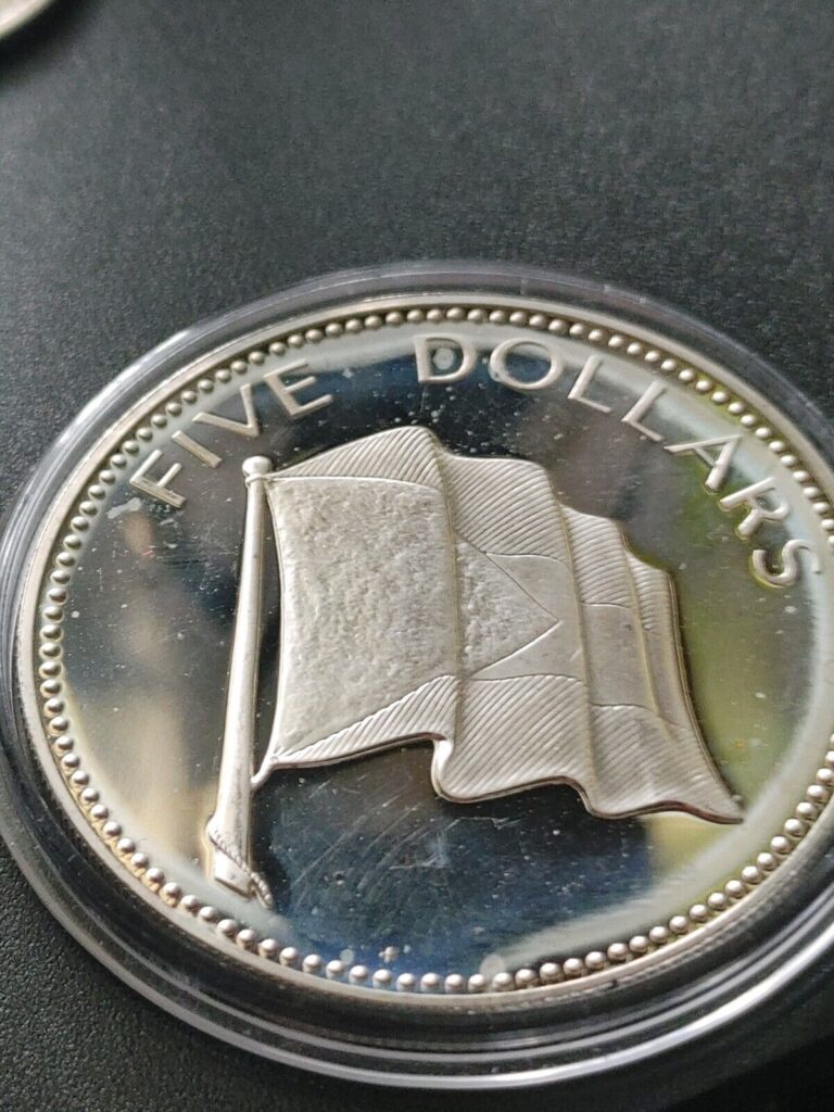 Read more about the article Large .925 SILVER 1974 BAHAMAS $5 DOLLARS 45MM w HOLDER Almost 1.5oz Sterling