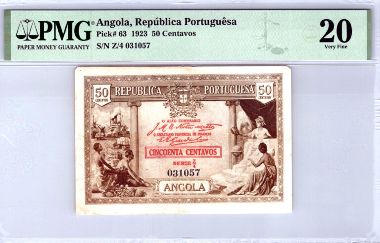 Read more about the article Angola 50 Centavos 1923 Pick# 63 PMG Graded 20 Very Fine Banknote