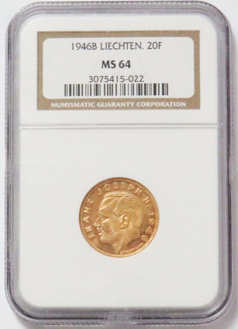 Read more about the article 1946 B GOLD LIECHTENSTEIN 20 FRANKEN COIN NGC MINT STATE 64