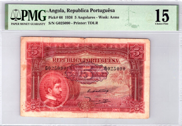 Read more about the article Angola 5 Angolares 1926 Pick# 66 Banknote. PMG Graded 15 Choice Fine.