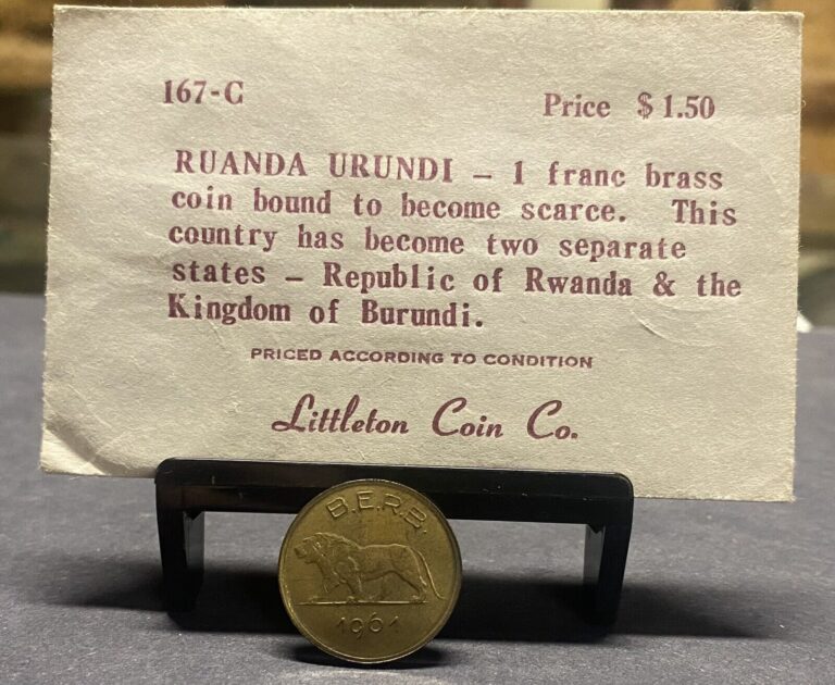 Read more about the article 1961 Rwanda Burundi Brass One Franc Coin-Littleton Coin Company 167-C