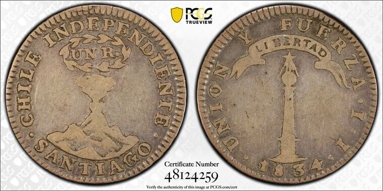 Read more about the article 1834-IJ Chile Santiago 1 Volcano Real PCGS VF35 Lot#G8303 Silver! 16 000 Minted