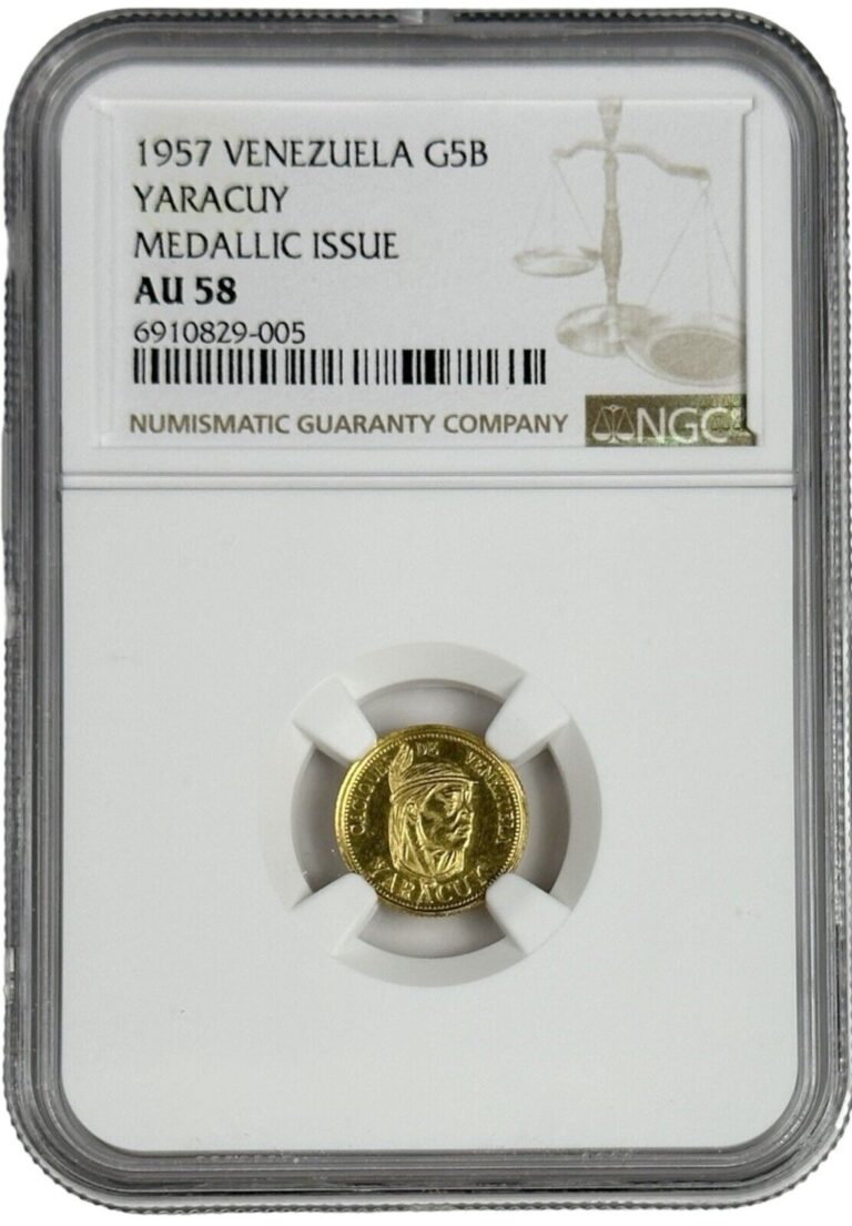 Read more about the article 1957 Venezuela 5 Bolivares Yaracuy Gold Caciques AU 58 NGC About Uncirculated 58