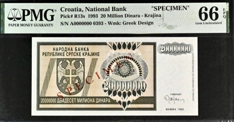 Read more about the article Croatia 20 Million Dinara-Krajina Pick# R13s 1993 Specimen PMG 66 EPQ Gem Unc