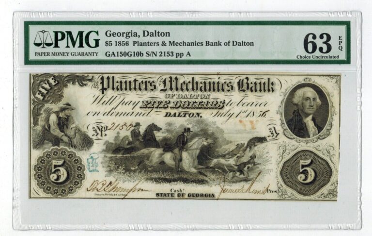 Read more about the article 1856 Dalton Georgia PLANTERS and MECHANICS BANK $5 Obsolete Currency PMG63 EPQ