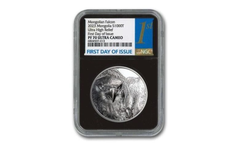 Read more about the article 2023 Mongolia 1000T 2oz Silver Black Proof Mongolian Falcon NGC PF70 UCAM FDOI