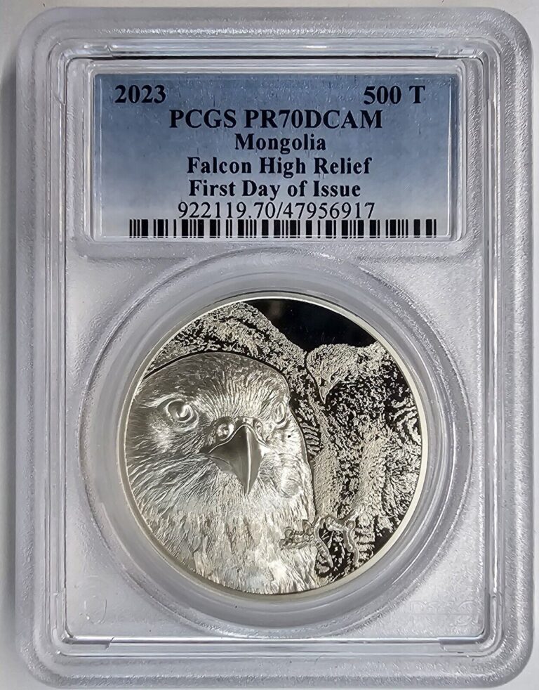 Read more about the article 2023  1oz .999 Silver Mongolia Mongolian Falcon High Relief  FDI – PCGS PR70DCAM