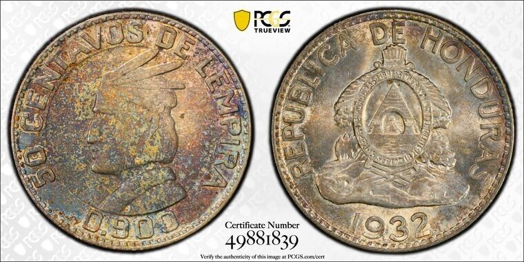 Read more about the article 1932 Honduras 50 Centavos PCGS MS64 Lot#G8220 Silver! Beautiful Toning!