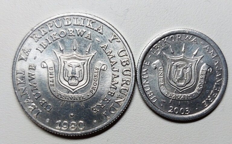 Read more about the article Burundi 2 Coins Lot  – 1 Franc 2003 + 5 Francs 1980 Aluminium UNC