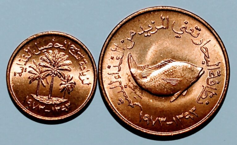 Read more about the article 1973 UAE 1 and 5 FILS BRONZE UNC (2 COINS) UNITED ARAB EMIRATES