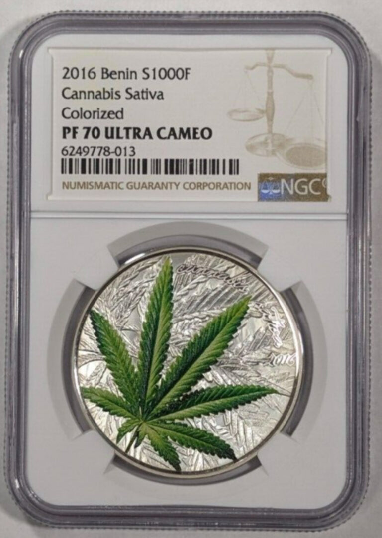 Read more about the article 2016 Benin S 1000F Cannabis Sativa Colorized 1 oz Silver NGC PF70 Ultra Cameo