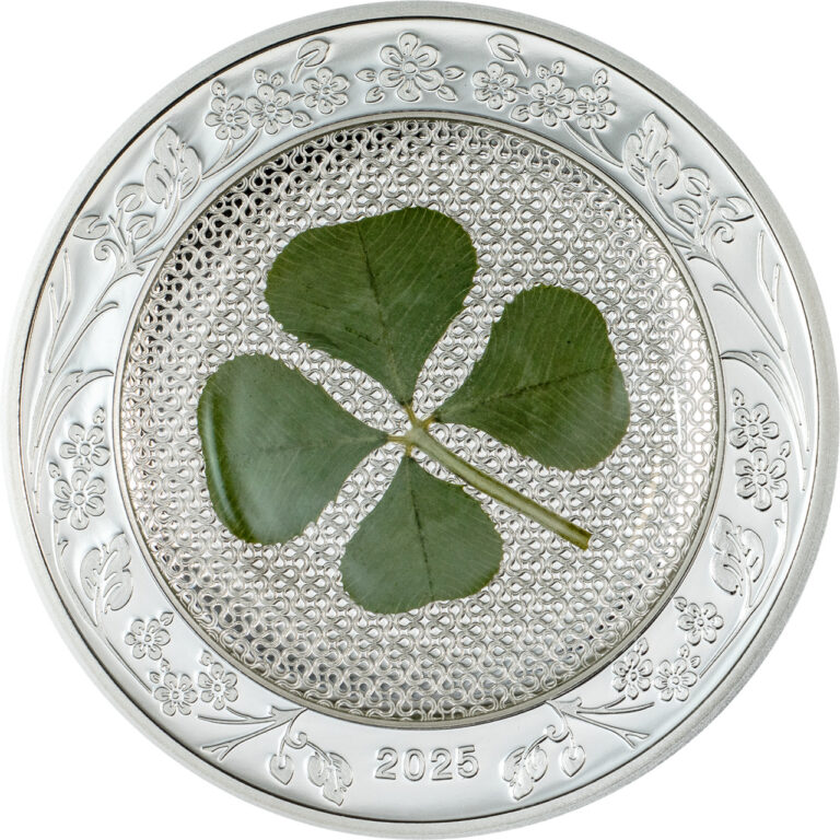 Read more about the article 2025 Palau Four Leaf Clover Ounce of Luck Coin 1 oz .999 Silver Proof Box/COA