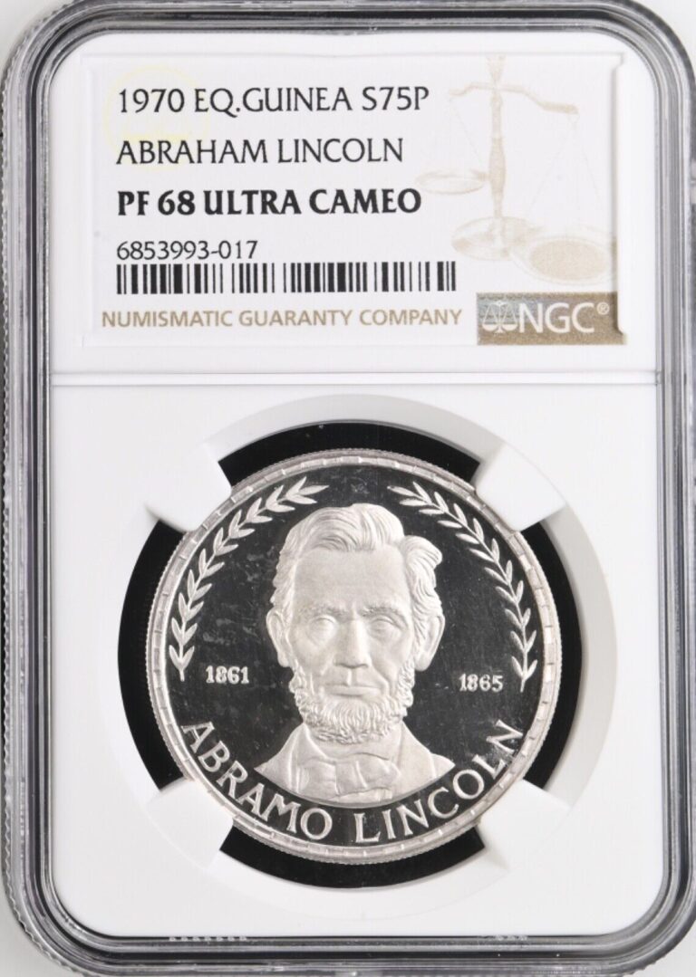 Read more about the article EQUATORIAL GUINEA: 1970 75 Pesetas NGC PR68UCAM —— 99.9% SILVER LINCOLN COMMEM.