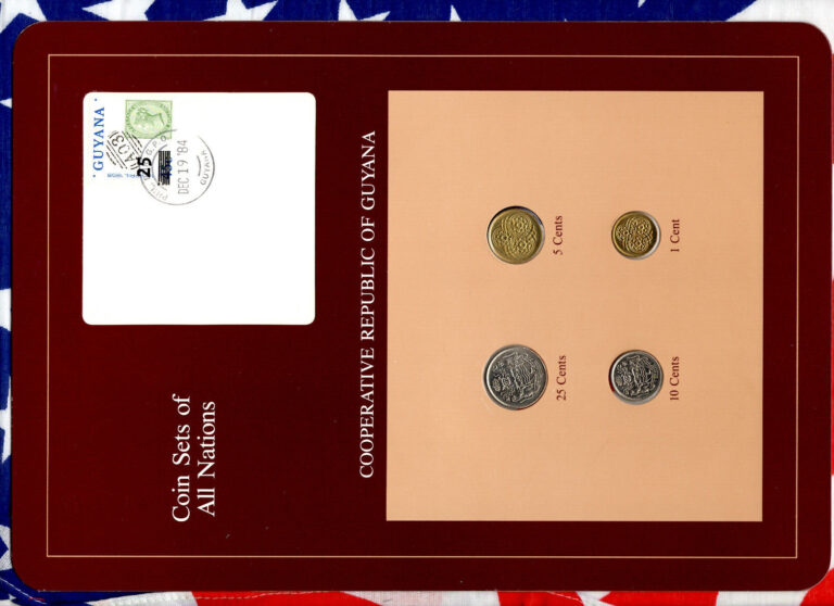 Read more about the article Coin Sets of All Nations Guyana 4 coins w/card 1985-1988 UNC 25 cents 1988