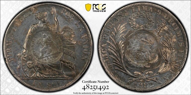 Read more about the article 1894 Guatemala Peso KM-224 C/S on 1882 -FN Sol C/M-PCGS AU Details Silver Coin