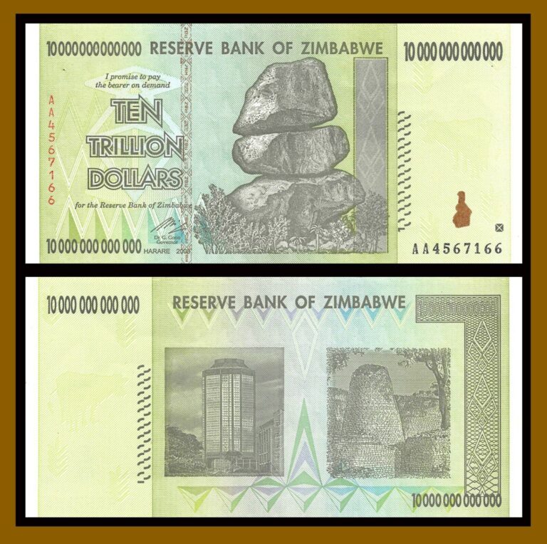 Read more about the article Zimbabwe 10 Trillion Dollars  2008 AA Circulated Used UV Tested  100 Series COA