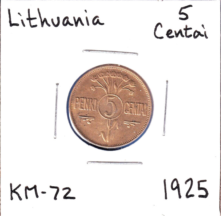 Read more about the article 1925 Lithuania 5 Centai (KM-72) Aluminum-Bronze  [one-year issue]