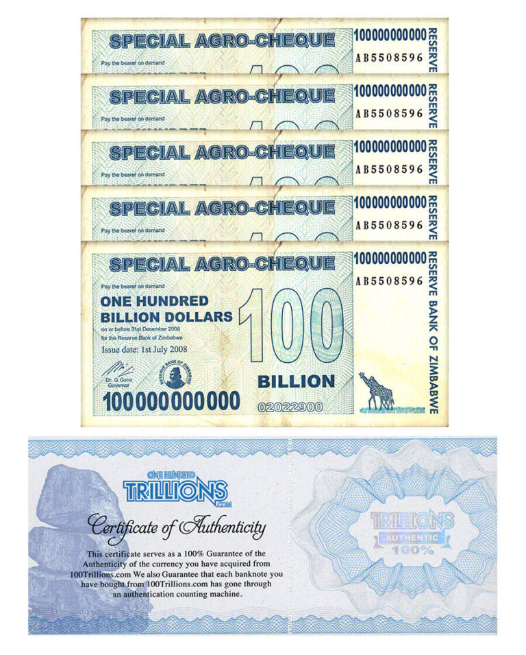 Read more about the article 5 Zimbabwe 100 Billion Special Agro Cheque banknote 2008  P-64 USED COA