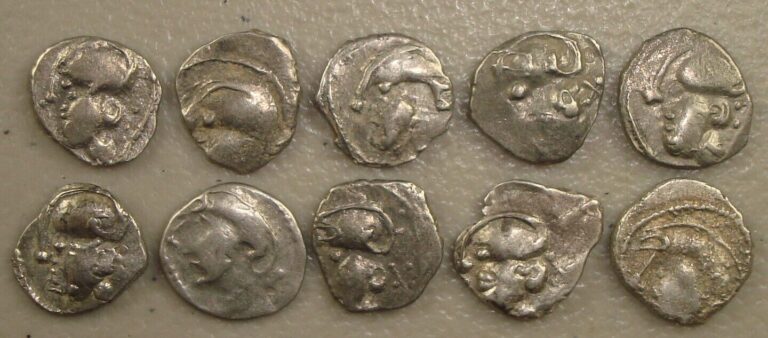 Read more about the article Lot of (10) c. 50 BC Celtic  Gaul Ancient Greek Silver Quinarius Coins VF