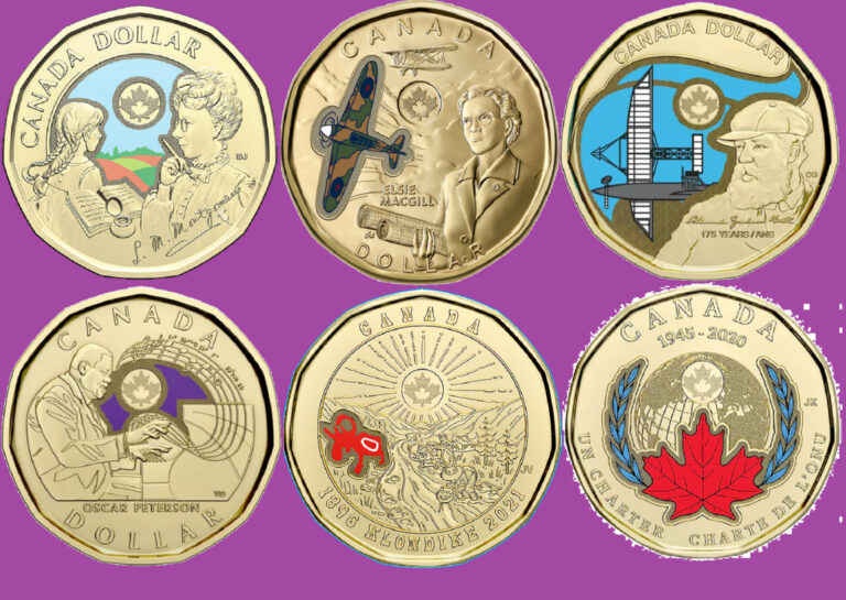 Read more about the article Full Set 2020 – 2024 Canada Colored Loonies. Six One Dollar $1 Coins. Mint UNC