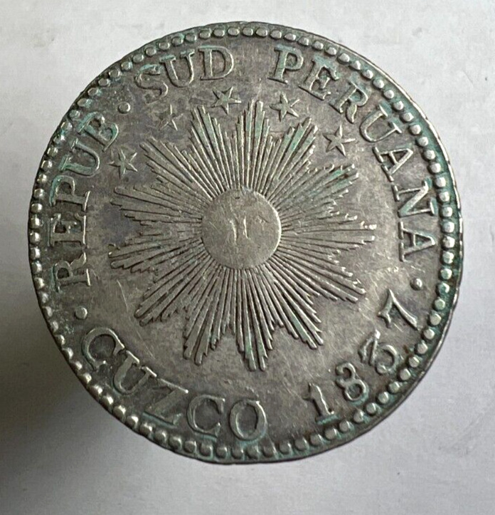 Read more about the article 1837 South Peru 2 Reales CUZCO  KM# 169.1  2R  Sun Face  Scarce!