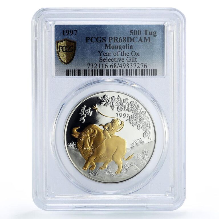 Read more about the article Mongolia 500 togrog Lunar Calendar Year of Ox Gilt PR68 PCGS silver coin 1997