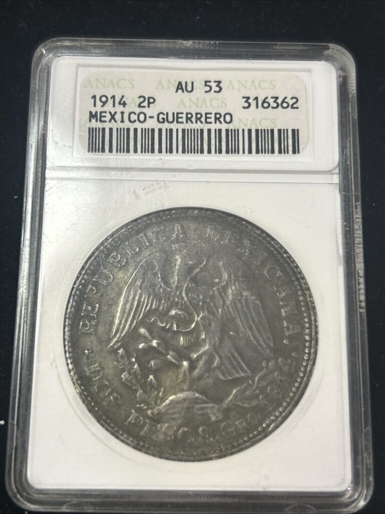 Read more about the article 1914 Mexico Guerrero 2 Pesos Anacs OH Au53 Silver And Gold