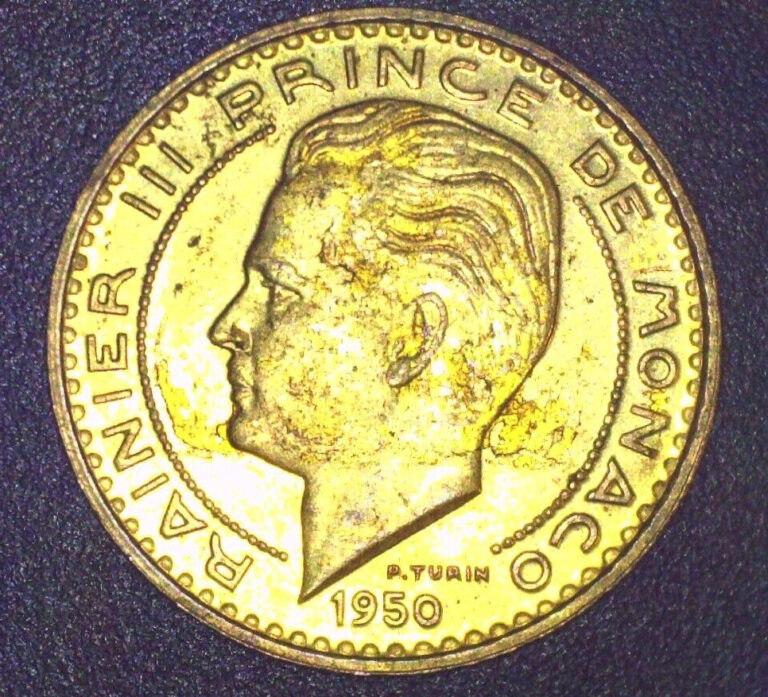 Read more about the article Monaco 1950 20 franc coin  Prince Rainier III  Minted in Paris  France