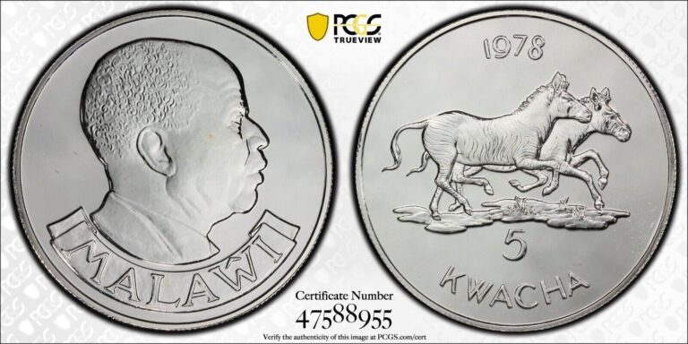 Read more about the article 1978  5 KWACHA MALAWI (SILVER) ZEBRAS   PCGS MS69 #47588955  TOP POP!  1 OF 2