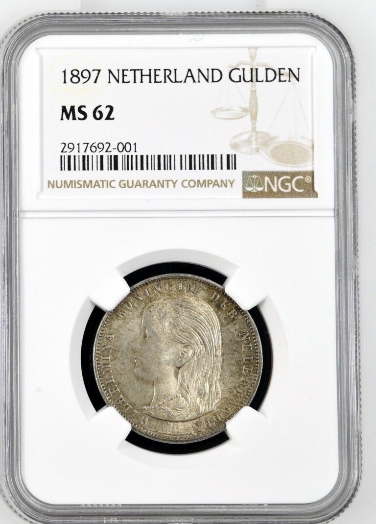 Read more about the article *** NGC *** NETHERLANDS *** 1 GULDEN WILHELMINA as GIRL *** 1897 *** MS62 ***u92