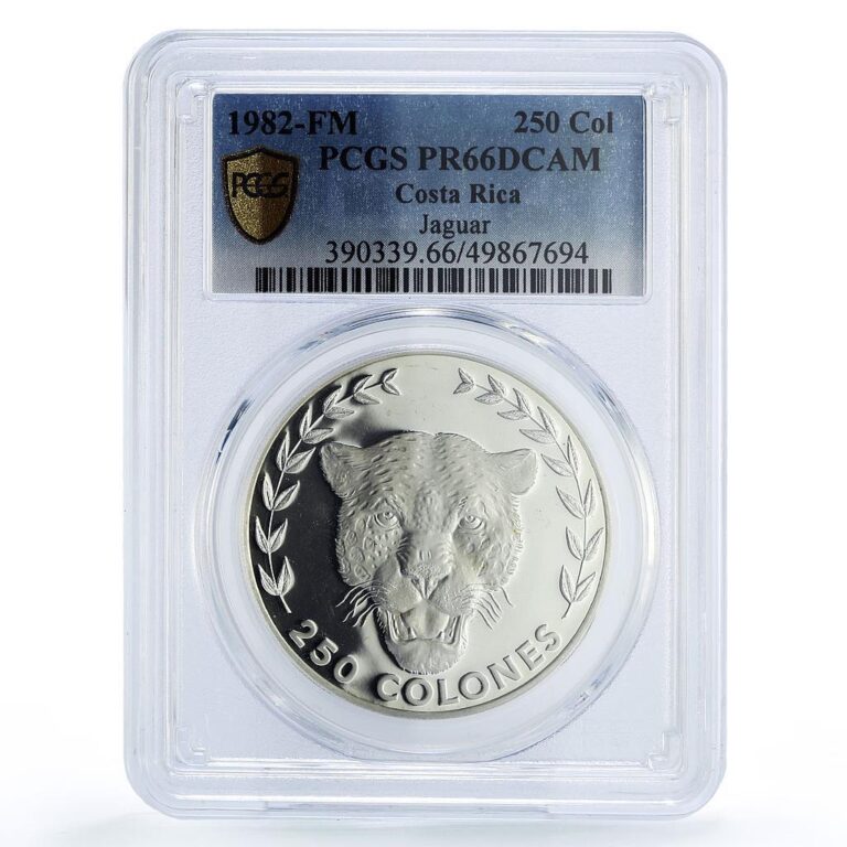 Read more about the article Costa Rica 250 colones Conservation Jaguar Cat Fauna PR66 PCGS silver coin 1982