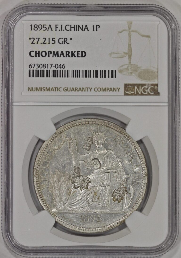 Read more about the article 1895 A French Indo China Silver Piastre NGC Chopmarked