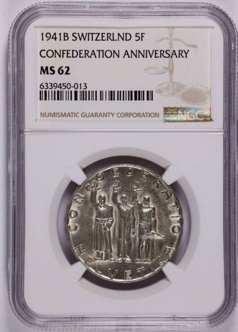 Read more about the article Switzerland 1941 B Silver 5 Francs Confederation Anniversary Coin – NGC MS 62