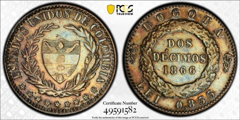 Read more about the article Colombia 1866 2 Decimos Restrepo 279.1 Bogota PCGS AU50 Scarce Coin