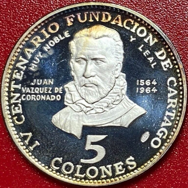 Read more about the article 1970 COSTA RICA 5 COLONES SILVER PROOF JUAN CORONADO RARE MINT=5 157 COINS!