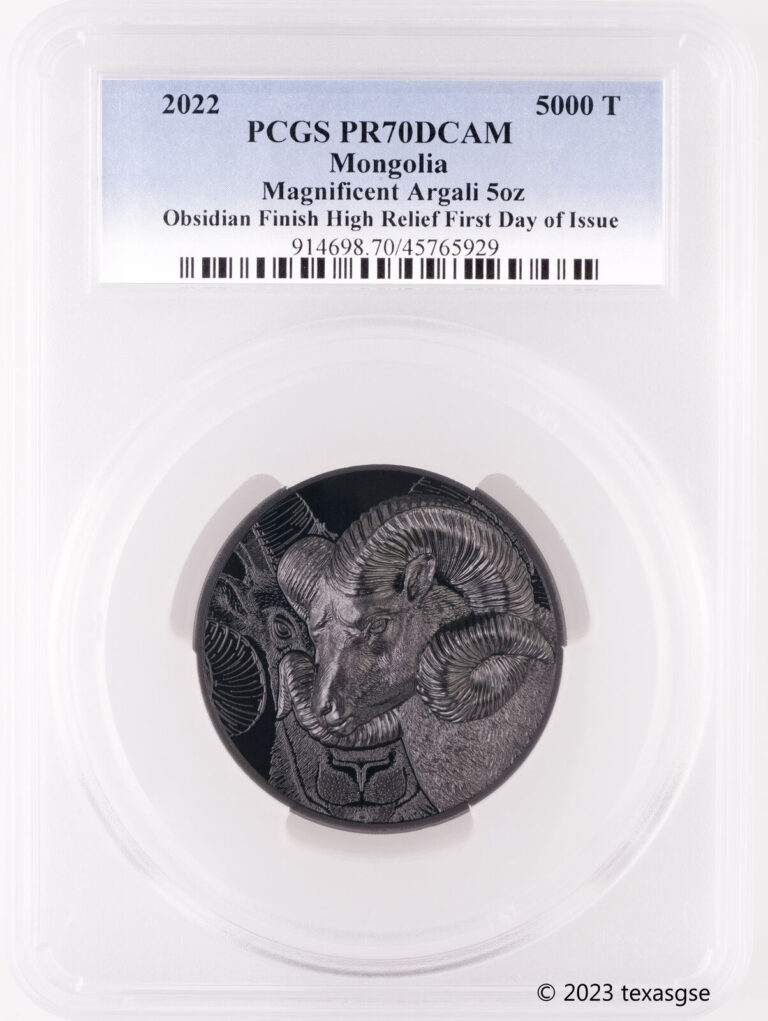 Read more about the article 2022 Mongolia 5oz Silver Obsidian Finish UHR Magnificent Argali FDI – PCGS PR70