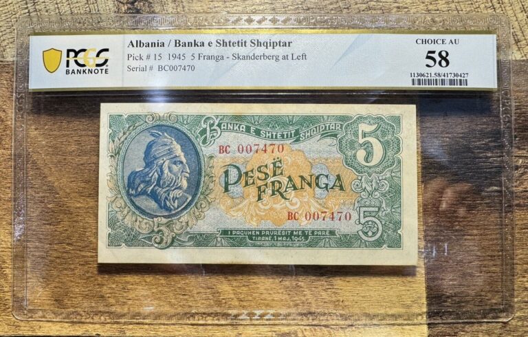 Read more about the article 1945 Albania 5 Franga P-15 PCGS Banknote AU 58 * SKANDERBEG *