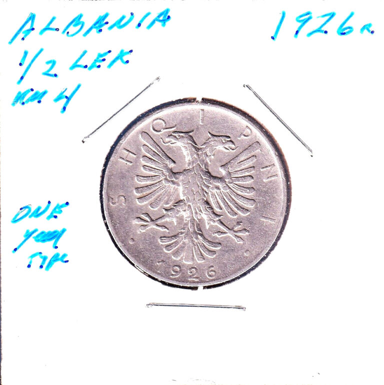 Read more about the article 1926R Albania 1/2 Lek (KM-4) Nickel  [one-year issue]