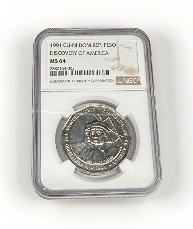 Read more about the article 1991 DOMINICAN REPUBLIC 1 PESO. 5TH CENTURY OF DISCOVERY OF AMERICA. NGC MS 64.