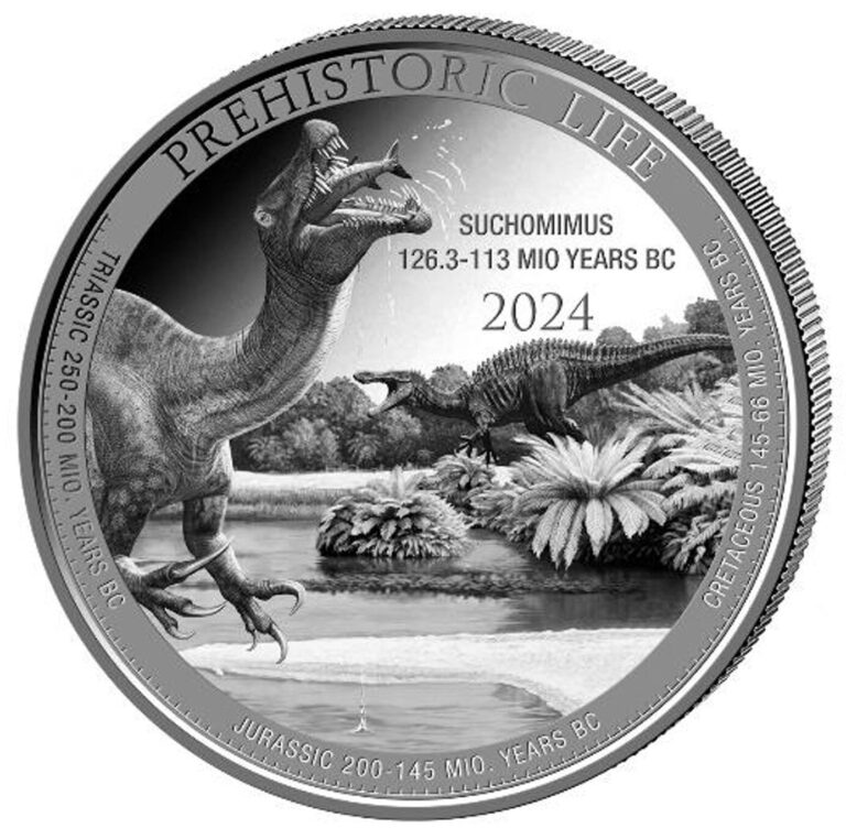 Read more about the article 2024 Congo Prehistoric Life Suchomimus BU 1 oz Silver Coin in capsule