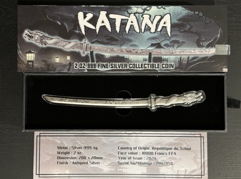 Read more about the article 2024 Katana 2 Oz Silver Antiqued Sword Shaped Chad Coin 950 Mintage Dragon