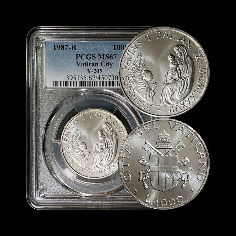 Read more about the article VATICAN CITY. 1987  1000 Lire  Silver – PCGS MS67 – Top Pop 🥇 JP2  Madonna