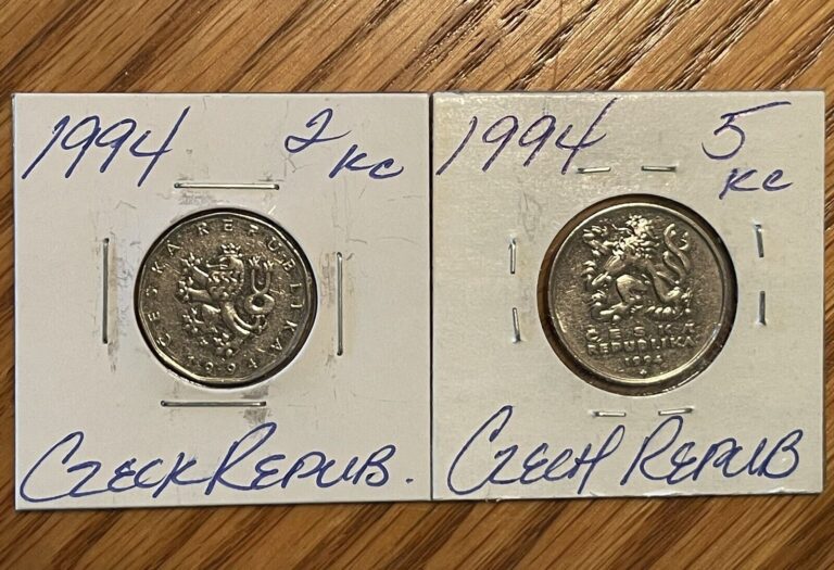 Read more about the article Lot of 2 Czech Republic Coins  2 and 5 Korony  Both 1994  UNC