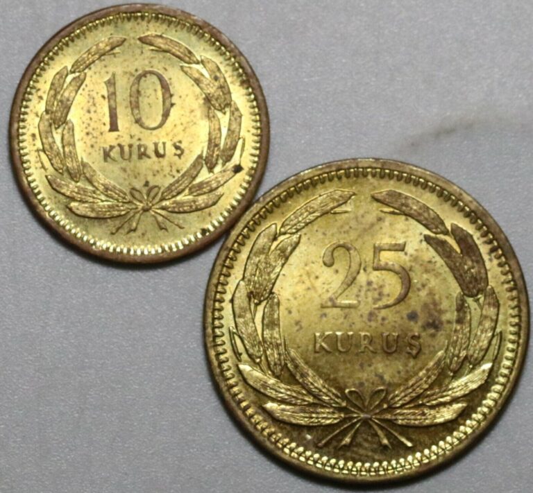 Read more about the article 1955 1956 Turkey 10 and 25 Kurus UNC Star and Crescent Brass Coins (21031203R)