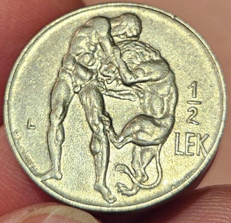 Read more about the article Vintage Albania 1931   1/2 Lek Coin Hercules wrestling Nemean Lion