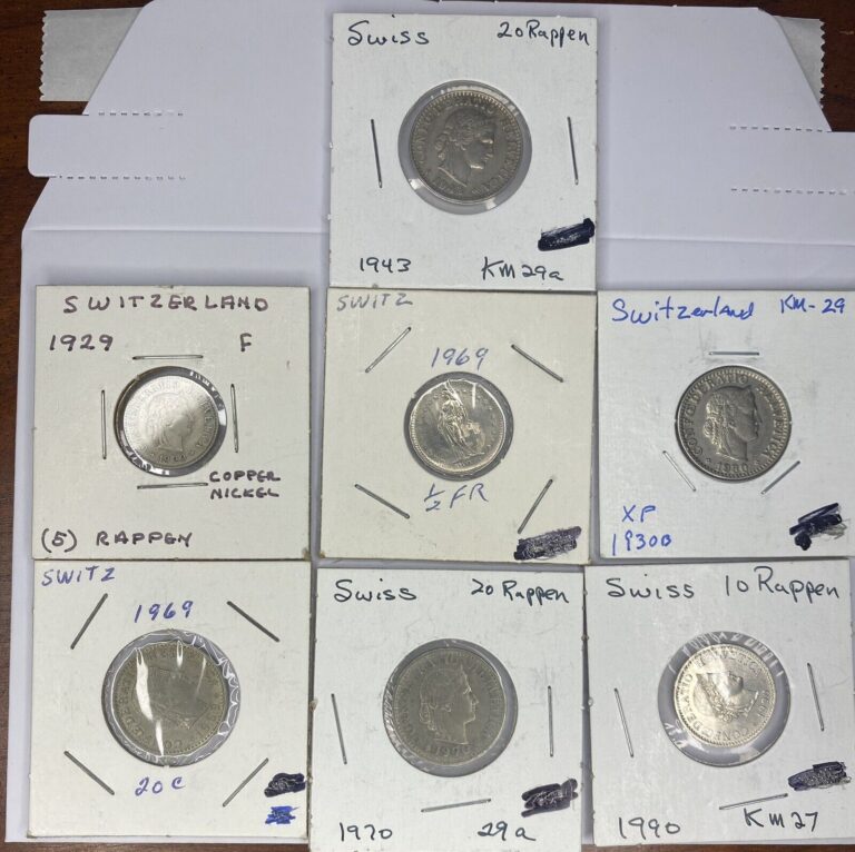 Read more about the article Lot of 7 Switzerland coins-1929  1930  1943  1969  1969  1970  1990-1/2 to 20rp