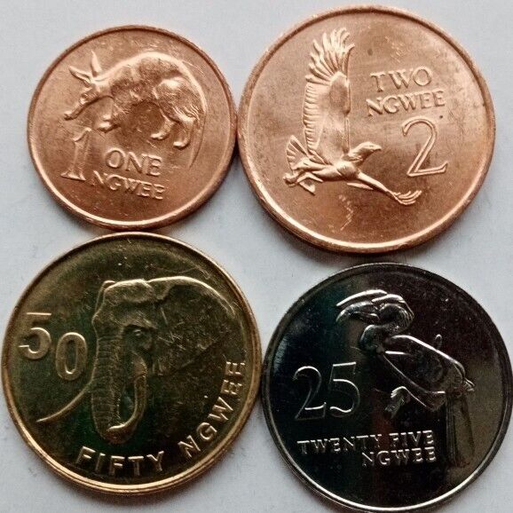 Read more about the article Zambia set 4 coins  1 2 25 50 Ngwee Animals coin collection UNC