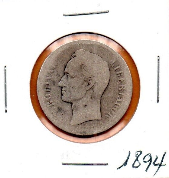 Read more about the article Venezuela Coin  2 Bolivares de 1894  Silver .835  10 gr. 27mm (Low Shipping)