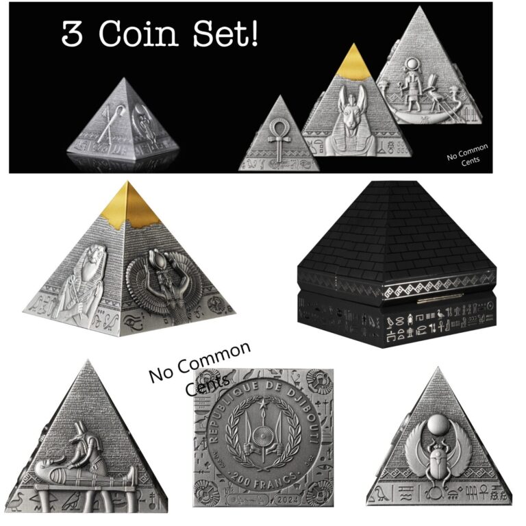 Read more about the article 2024 Djibouti Great Pyramids of Giza 3 Coin Set 6 oz Antiqued .999 Silver Egypt